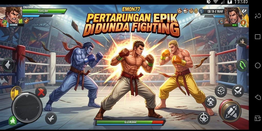 Screenshot EMON77 menampilkan pertarungan seru dan karakter yang menarik.