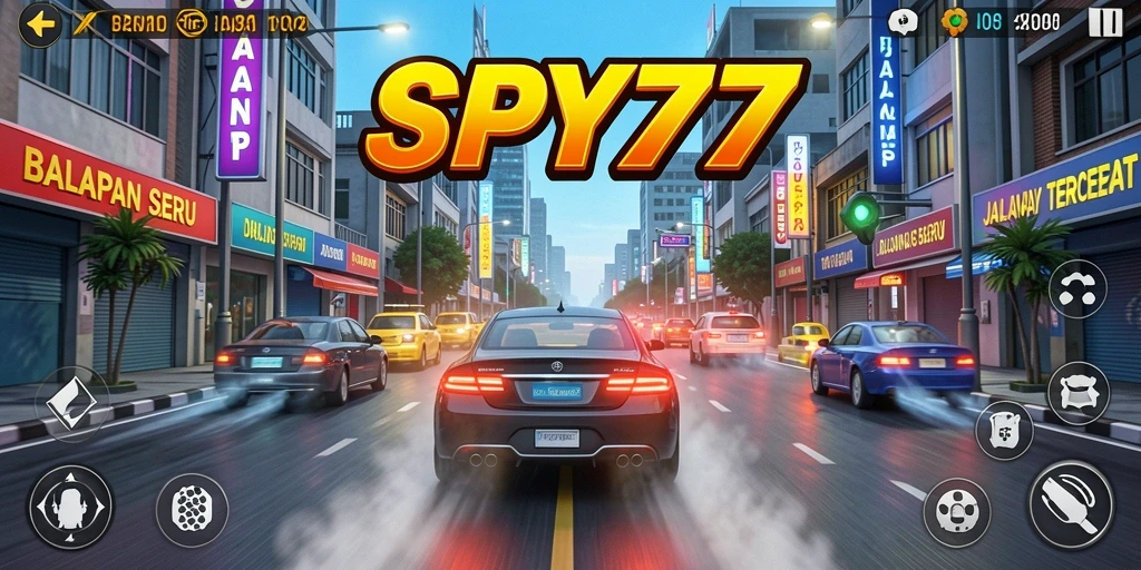 Tampilkan gameplay SPY77 dengan mobil balap di trek yang menantang.