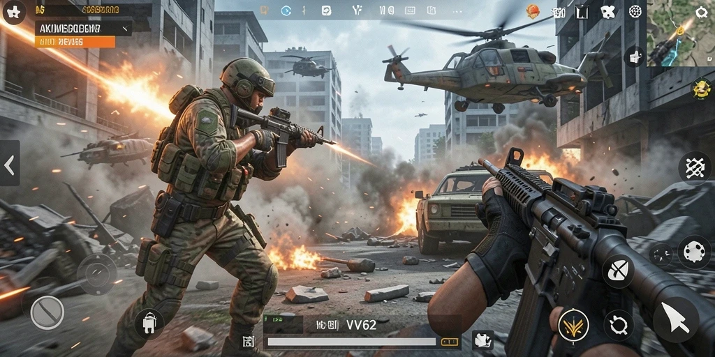 Tangkapan layar gameplay VV62 menampilkan aksi seru di medan perang.